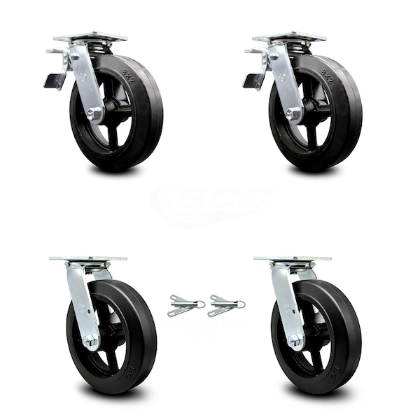 8 Inch Rubber on Steel Caster Set with Ball Bearings 2 Brake 2 Swivel Lock SCC